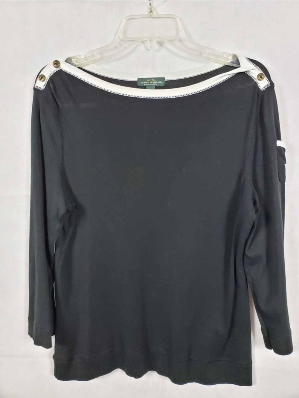 Ralph Lauren Black Long-Sleeve Boatneck Top with White Trim and Shoulder Buttons